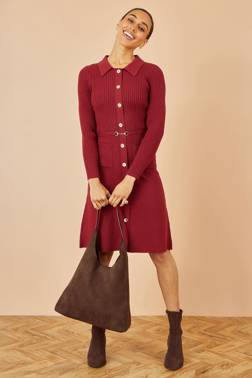 Yumi Yumi Women's Burgundy Rib Knit Midi Shirt Dress With Snaffle Belt - 3