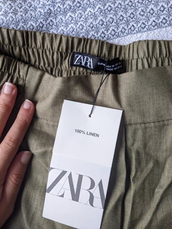 Zara Zara 100% Linen Khaki Green Trousers