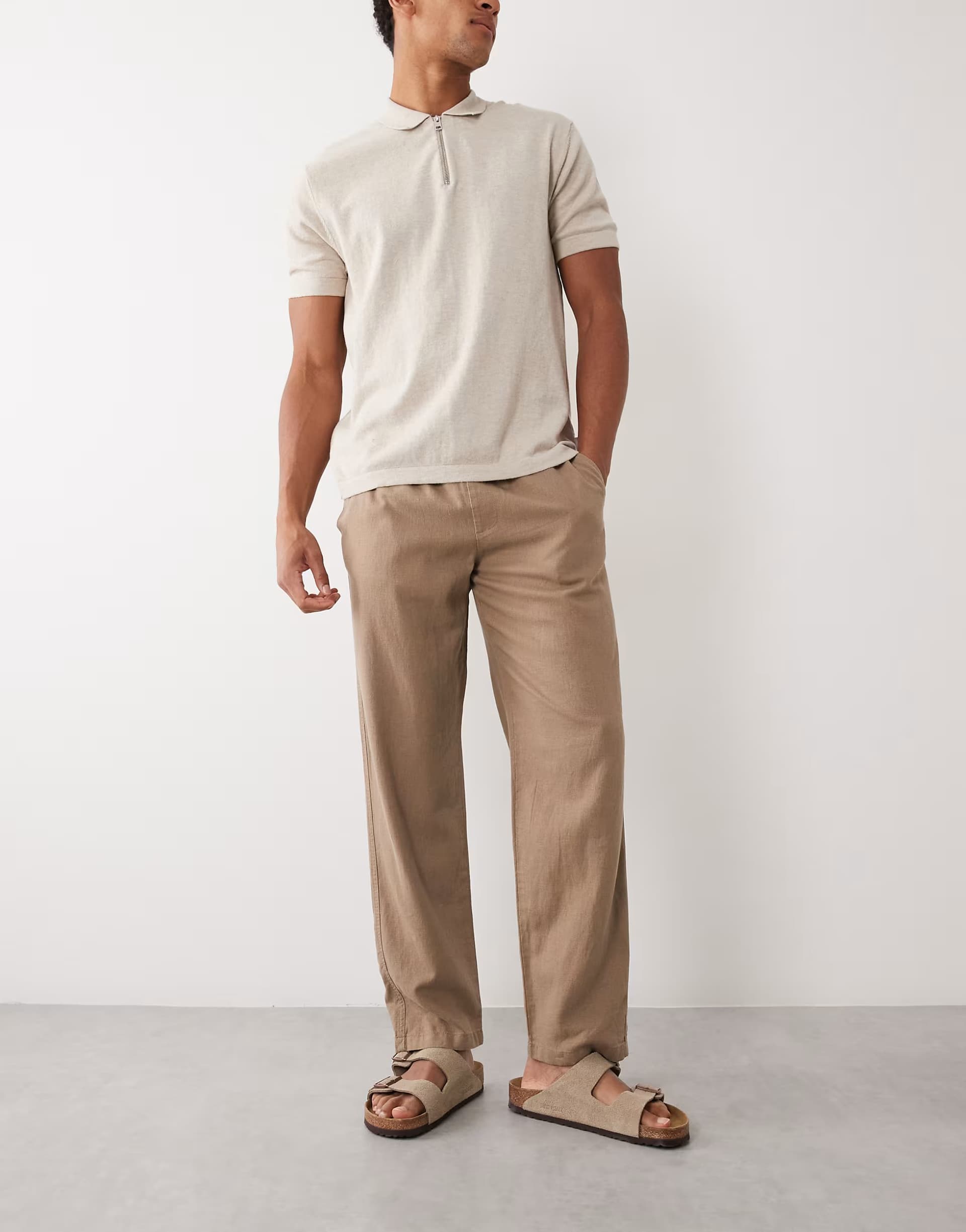ASOS Threadbare pull on linen look straight fit trousers in taupe