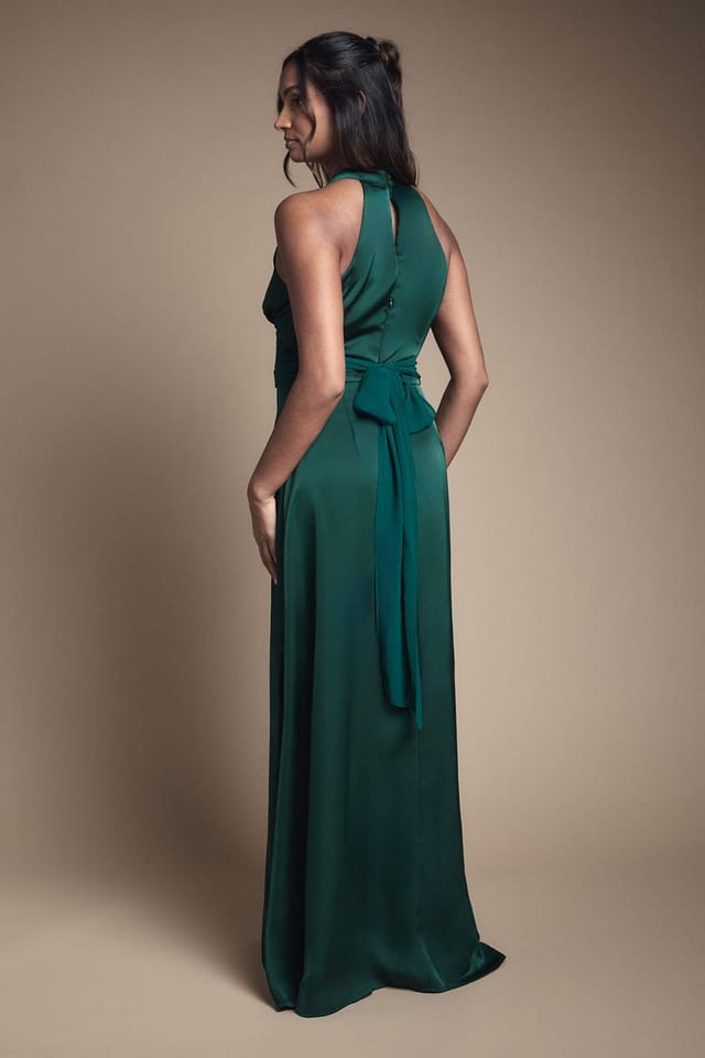 Coast Coast Women's Wrap Waist Detail Satin Halter Neck Bridesmaid Dress in Emerald - 3