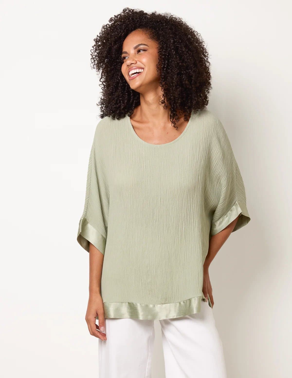 Blue Vanilla Viscose Crinkle Top With Satin Finish