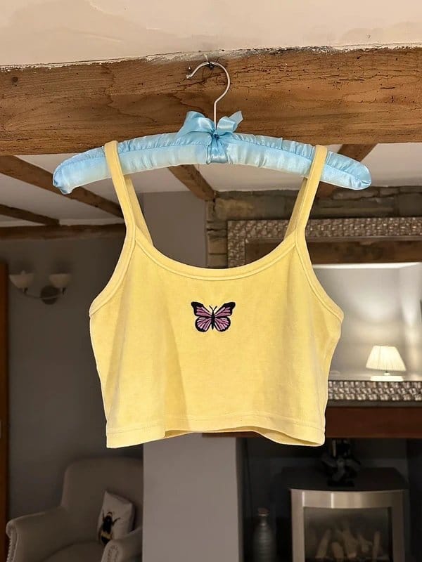 Bershka Yellow Jersey Cami Top with Butterfly Embroidery