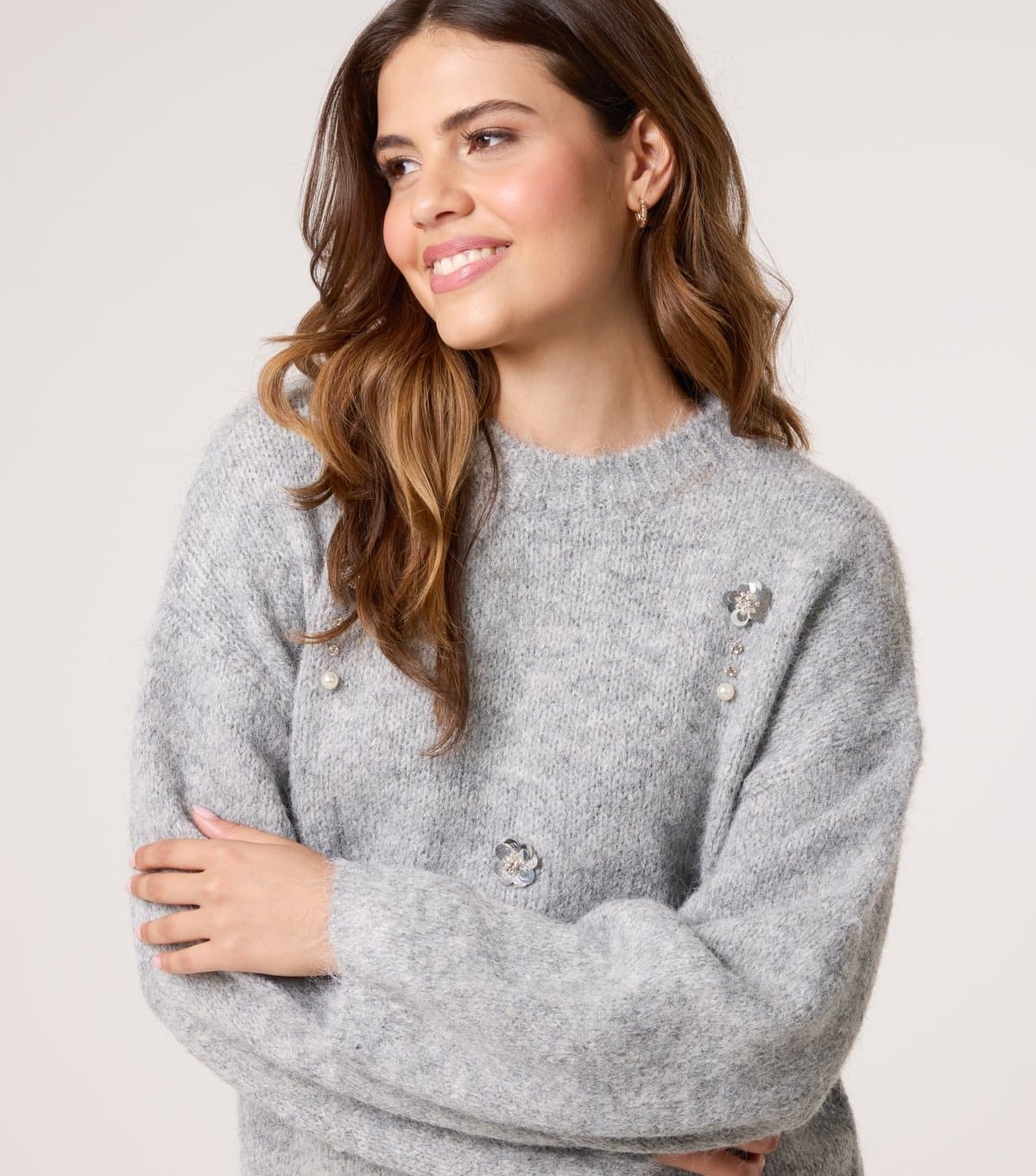 Blue Vanilla Women's Grey Flower Embellished Jumper Blue Vanilla New Look