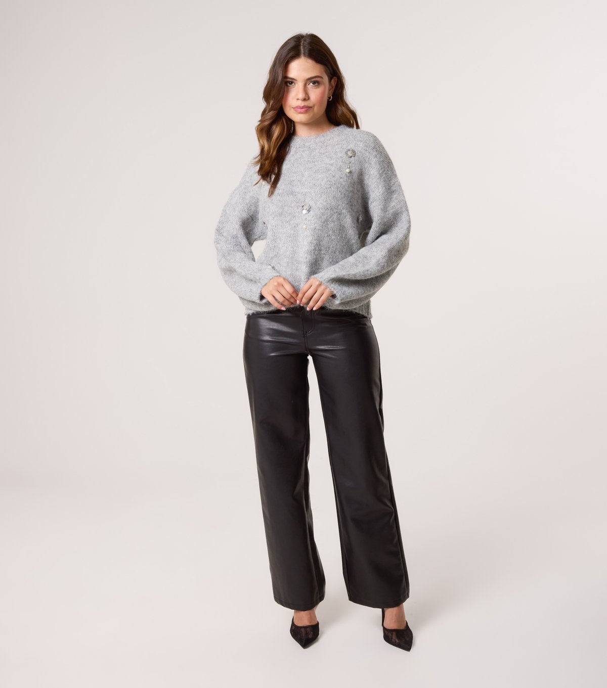 Blue Vanilla Women's Grey Flower Embellished Jumper Blue Vanilla New Look - 2