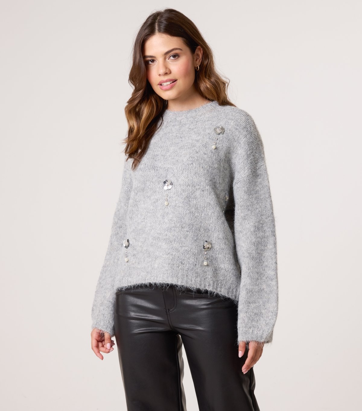 Blue Vanilla Women's Grey Flower Embellished Jumper Blue Vanilla New Look - 3