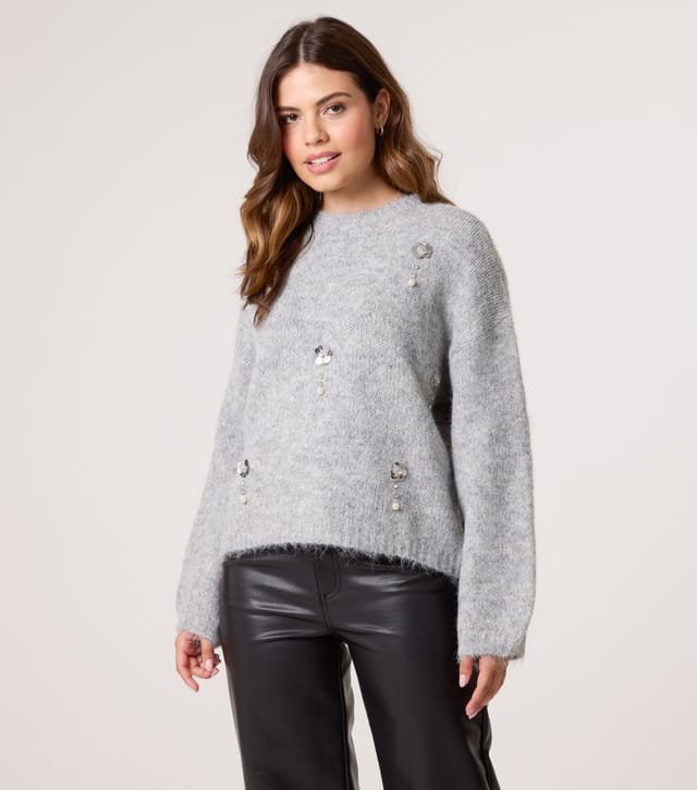 Blue Vanilla Women's Grey Flower Embellished Jumper Blue Vanilla New Look - 3