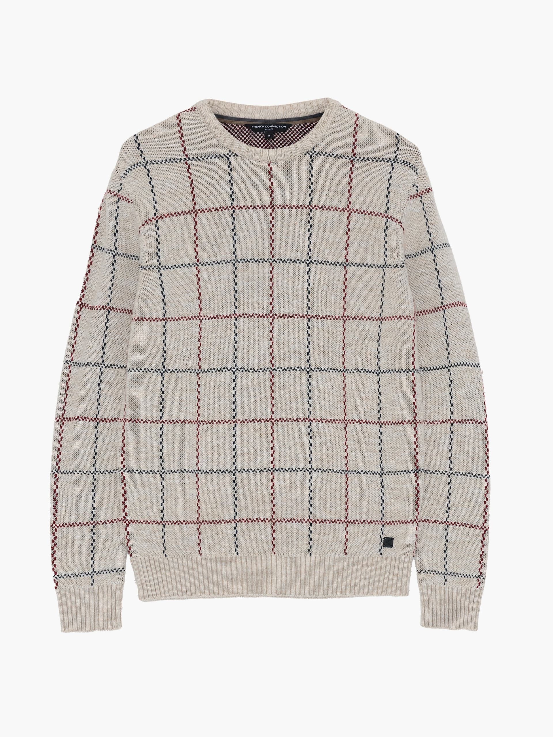 French Connection Stone Contrast Stitch Check Crew Neck Jumper Stone/Maroon/Navy