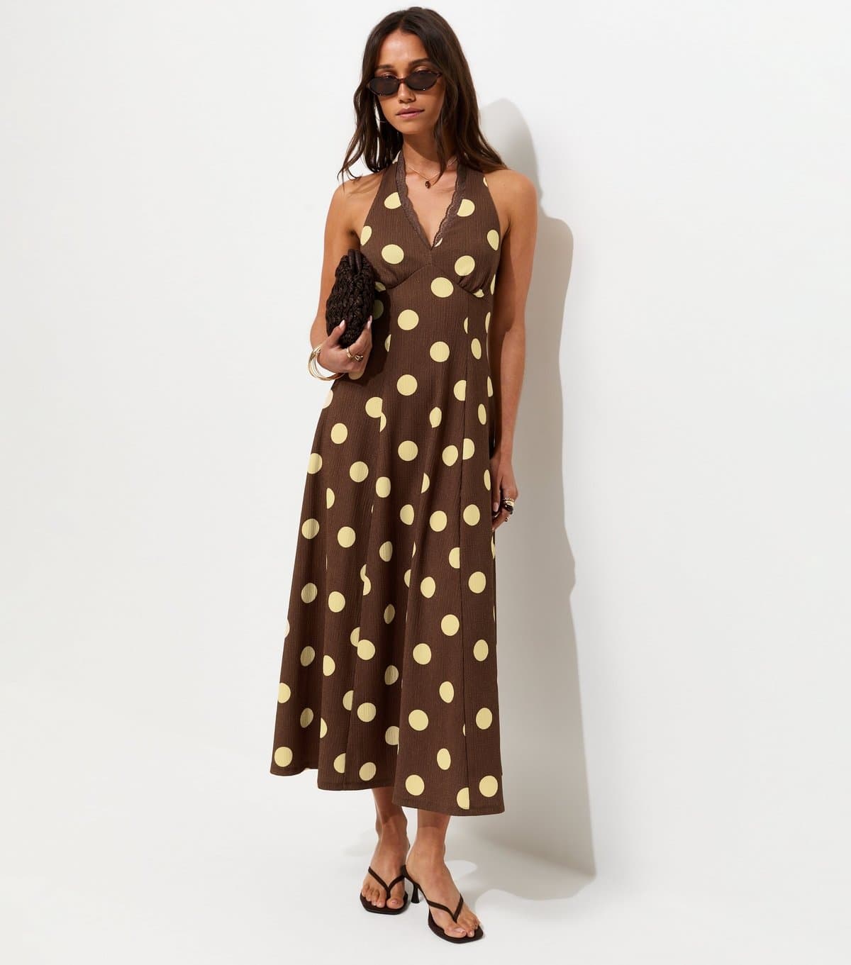 New Look Women's Dark Brown Polka Dot Halter Neck Midi Dress New Look