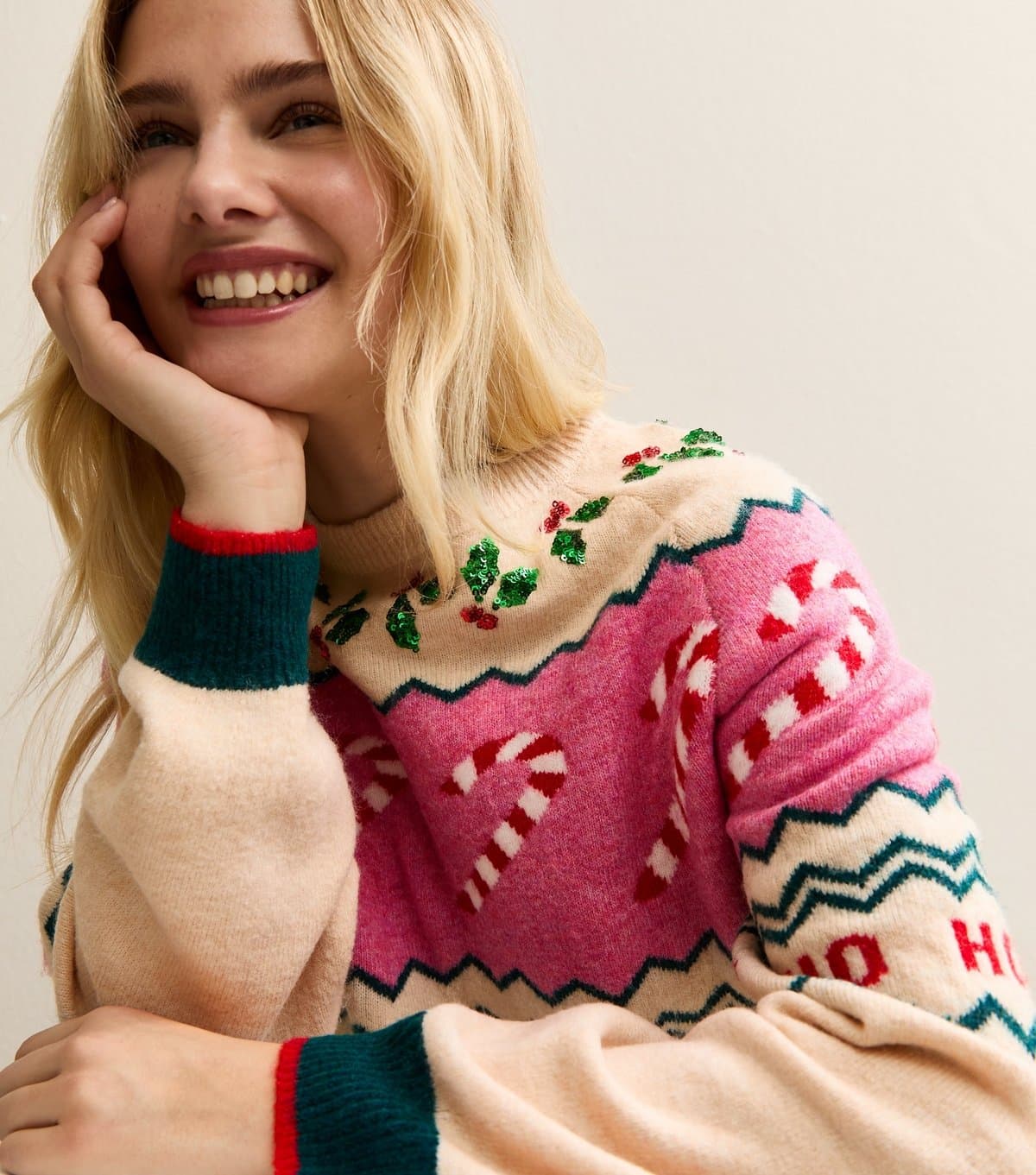 Sunshine Soul Women's Oatmeal Candy Cane Christmas Jumper Sunshine Soul New Look