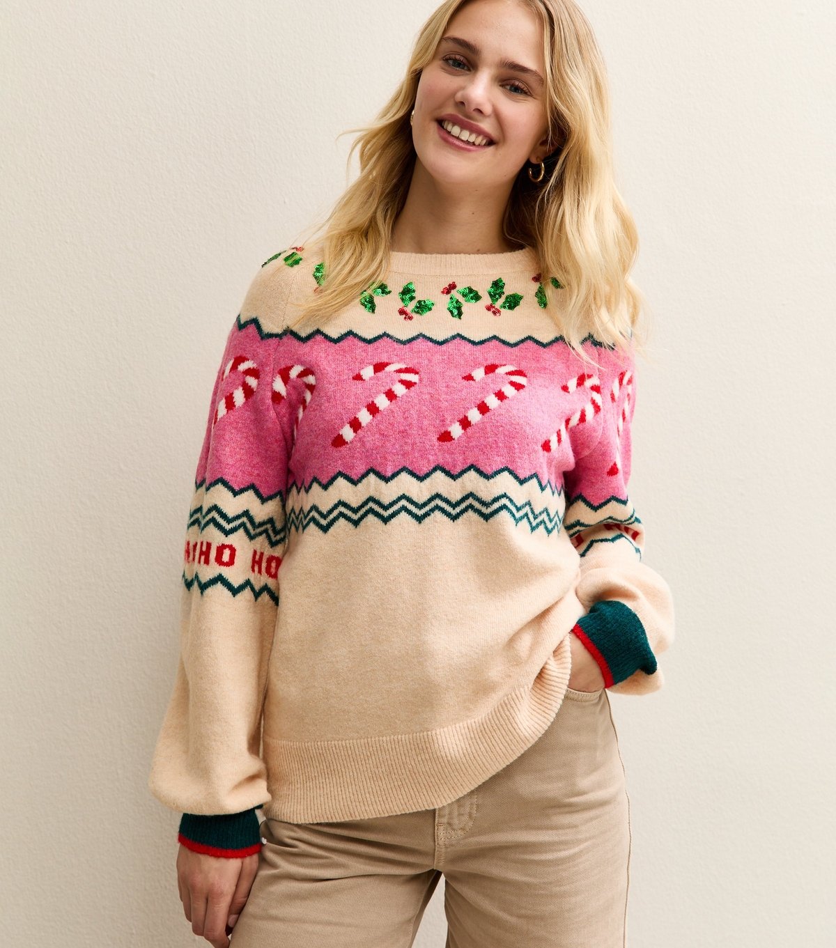 Sunshine Soul Women's Oatmeal Candy Cane Christmas Jumper Sunshine Soul New Look - 2