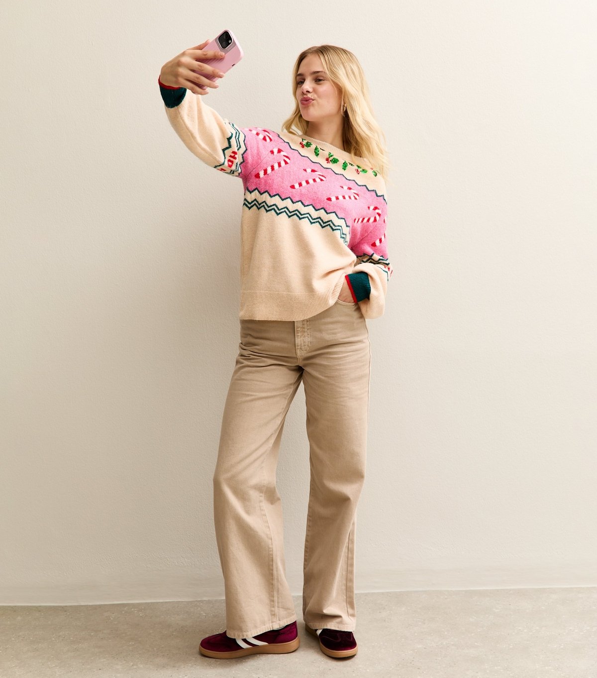 Sunshine Soul Women's Oatmeal Candy Cane Christmas Jumper Sunshine Soul New Look - 3