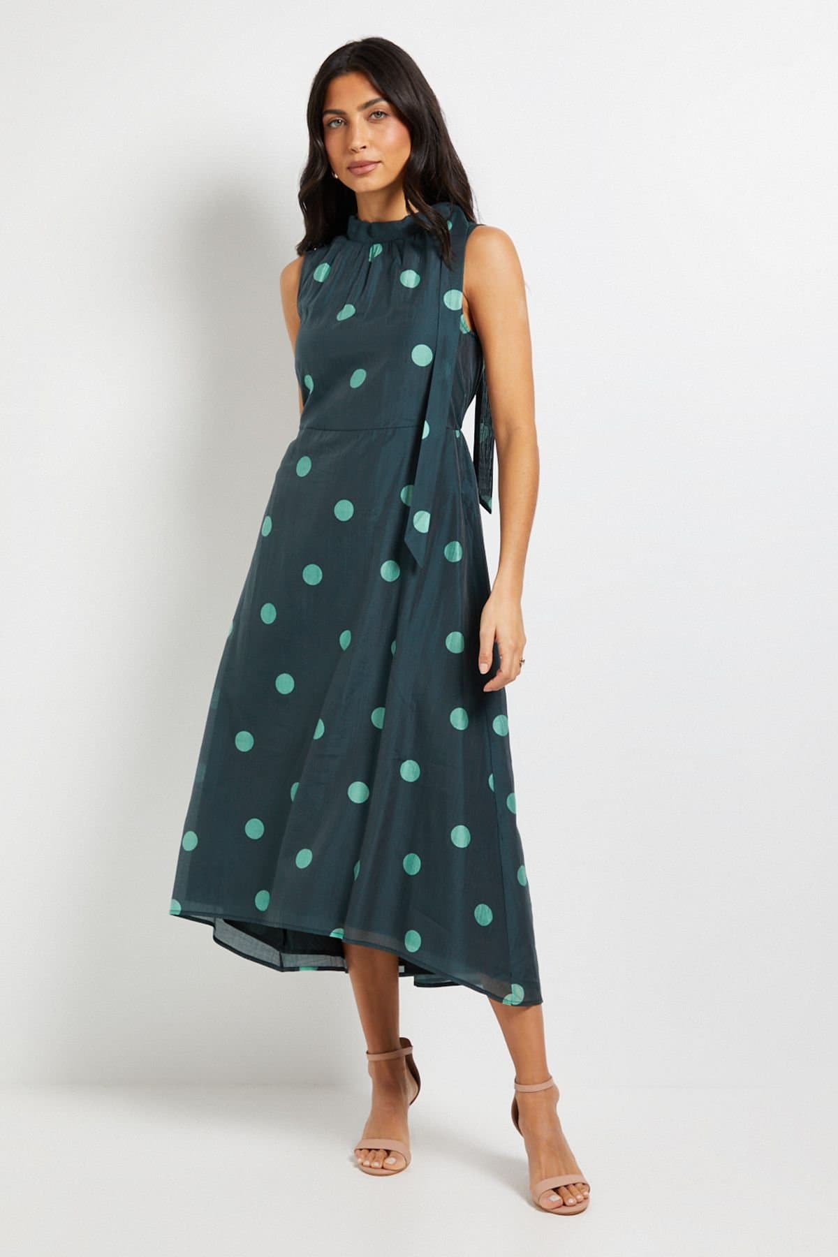 Wallis Wallis Women's Polka Dot Tie Neck Sleeveless Midi Dress in Mint