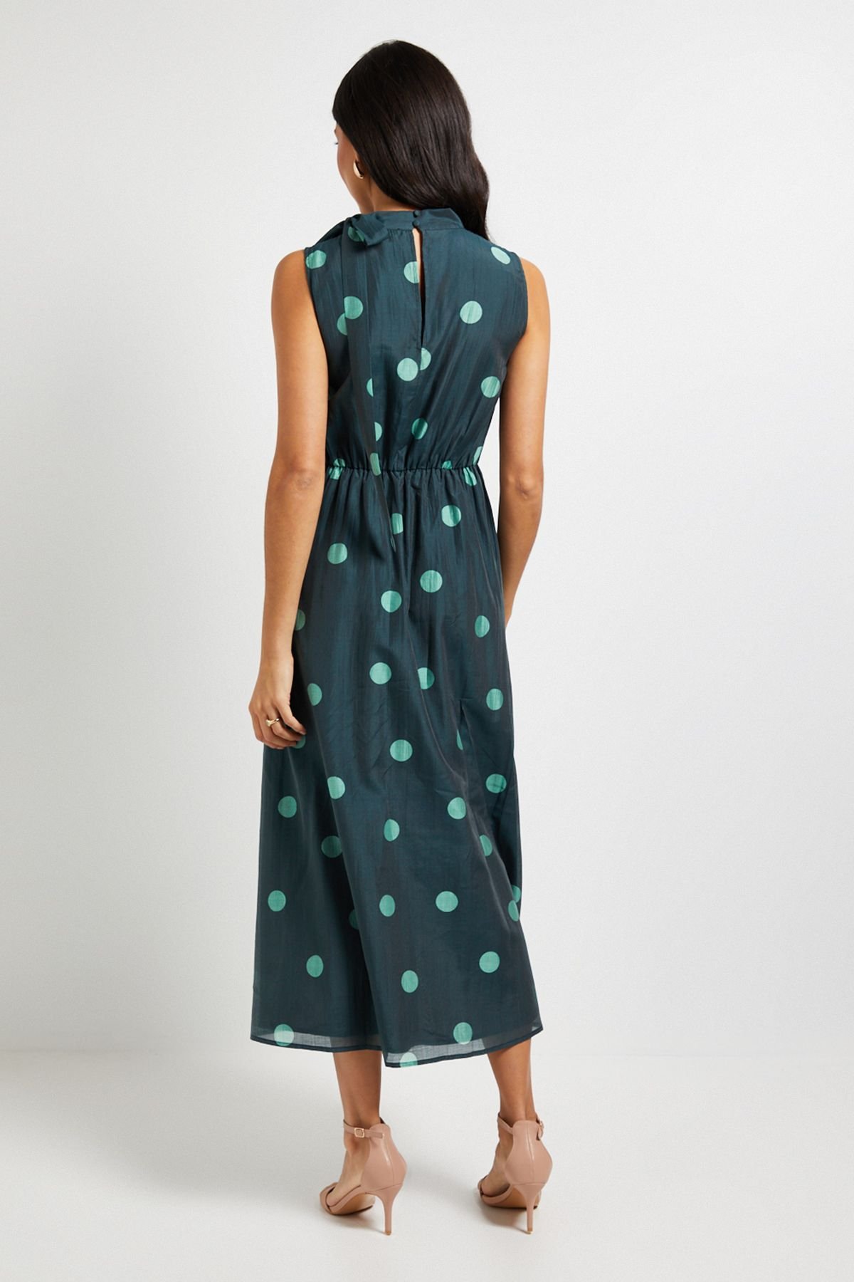 Wallis Wallis Women's Polka Dot Tie Neck Sleeveless Midi Dress in Mint - 3