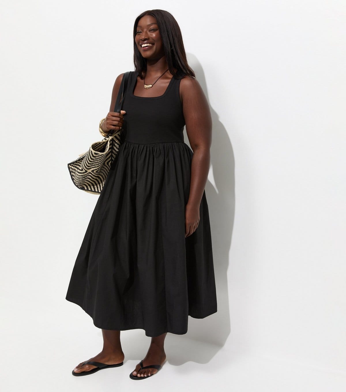 New Look Plus Size Black 2-In-1 Jersey & Poplin Midi Dress