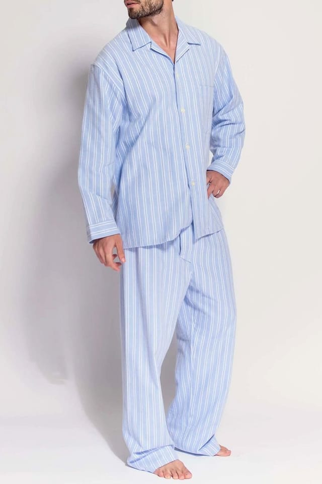 British Boxers British Boxers Men's 'Westwood Blue' Stripe Brushed Cotton Pyjama Set in Light Blue - 3