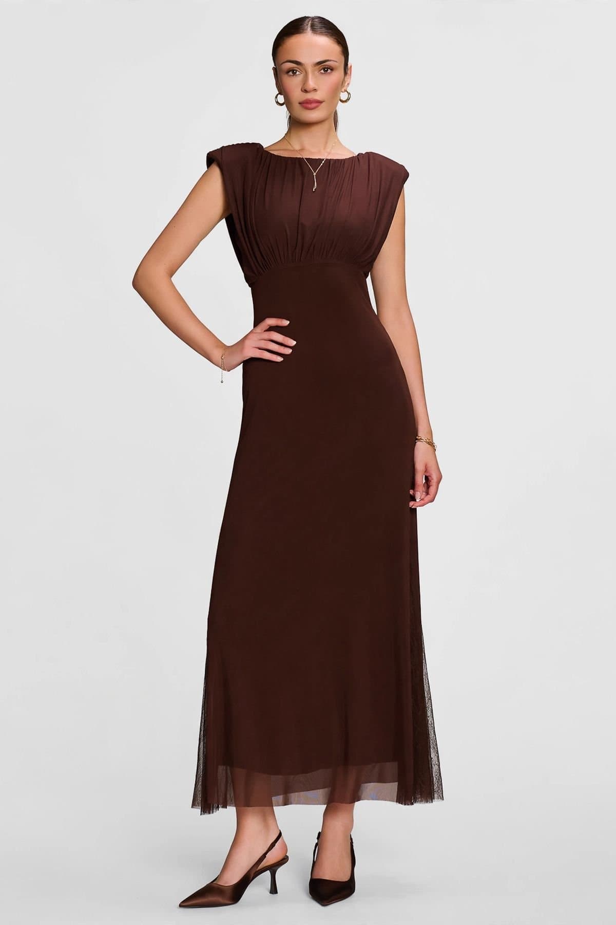 Jolie Moi Jolie Moi Women's Lace Insert Mesh Maxi Dress in Brown