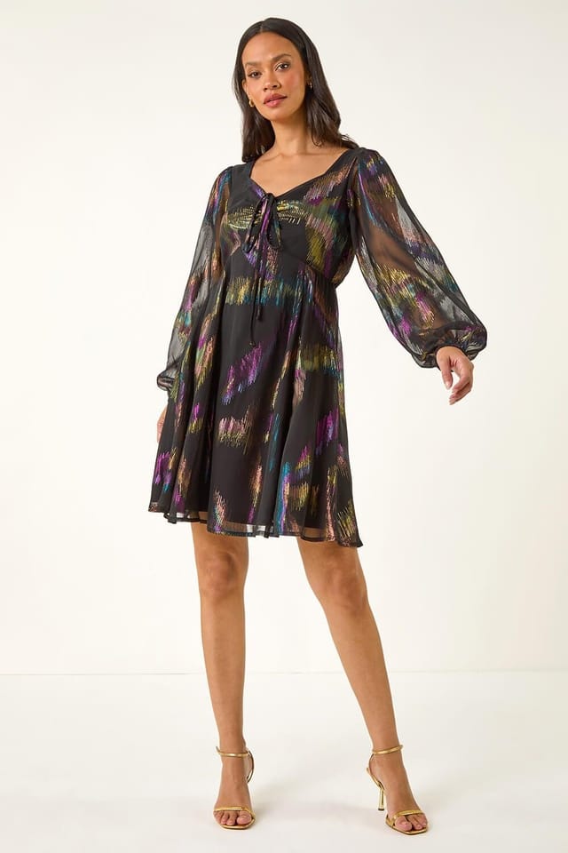 Dusk Dusk Women's Foil Print Tie Dress in Black - 2