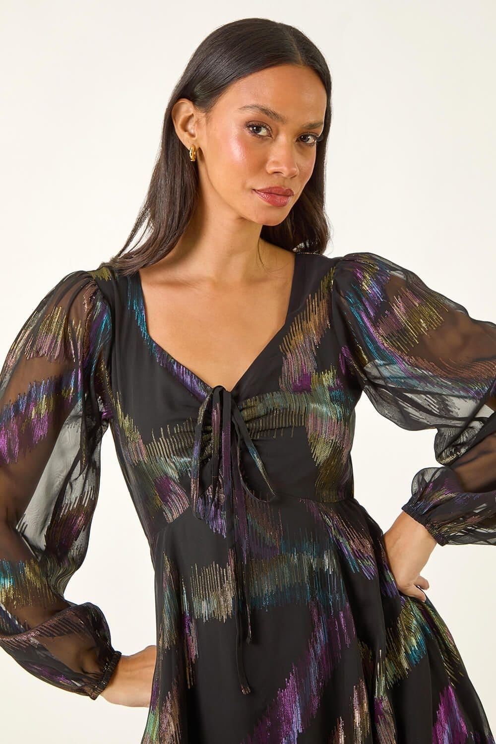 Dusk Dusk Women's Foil Print Tie Dress in Black - 4