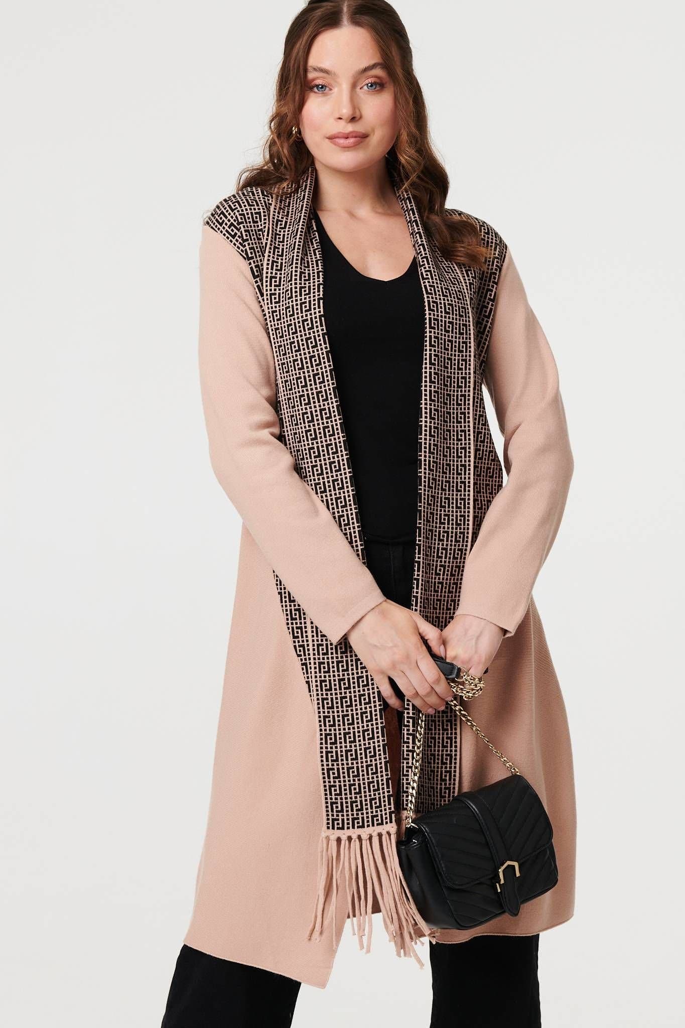 Izabel London Izabel London Women's Printed Fringed Scarf Detail Long Jacket in Beige