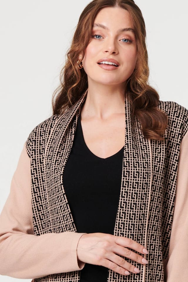 Izabel London Izabel London Women's Printed Fringed Scarf Detail Long Jacket in Beige - 2
