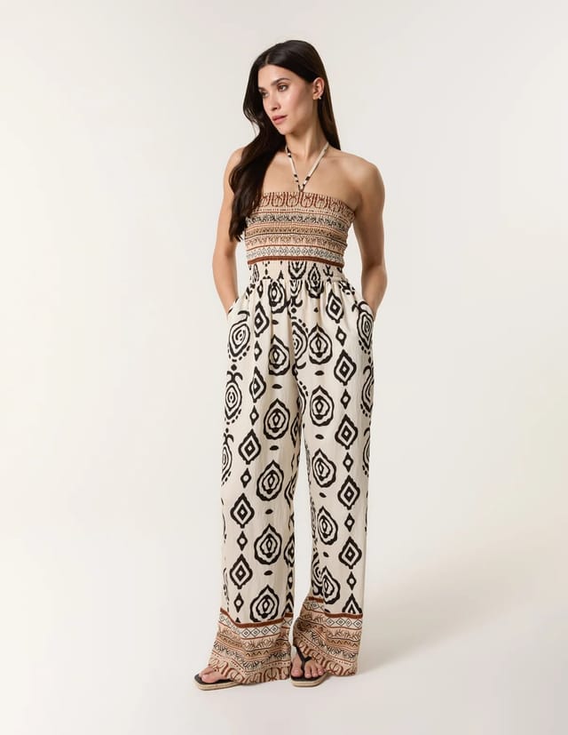 Blue Vanilla Print Strapless Bandeau Shirred Jumpsuit - 2