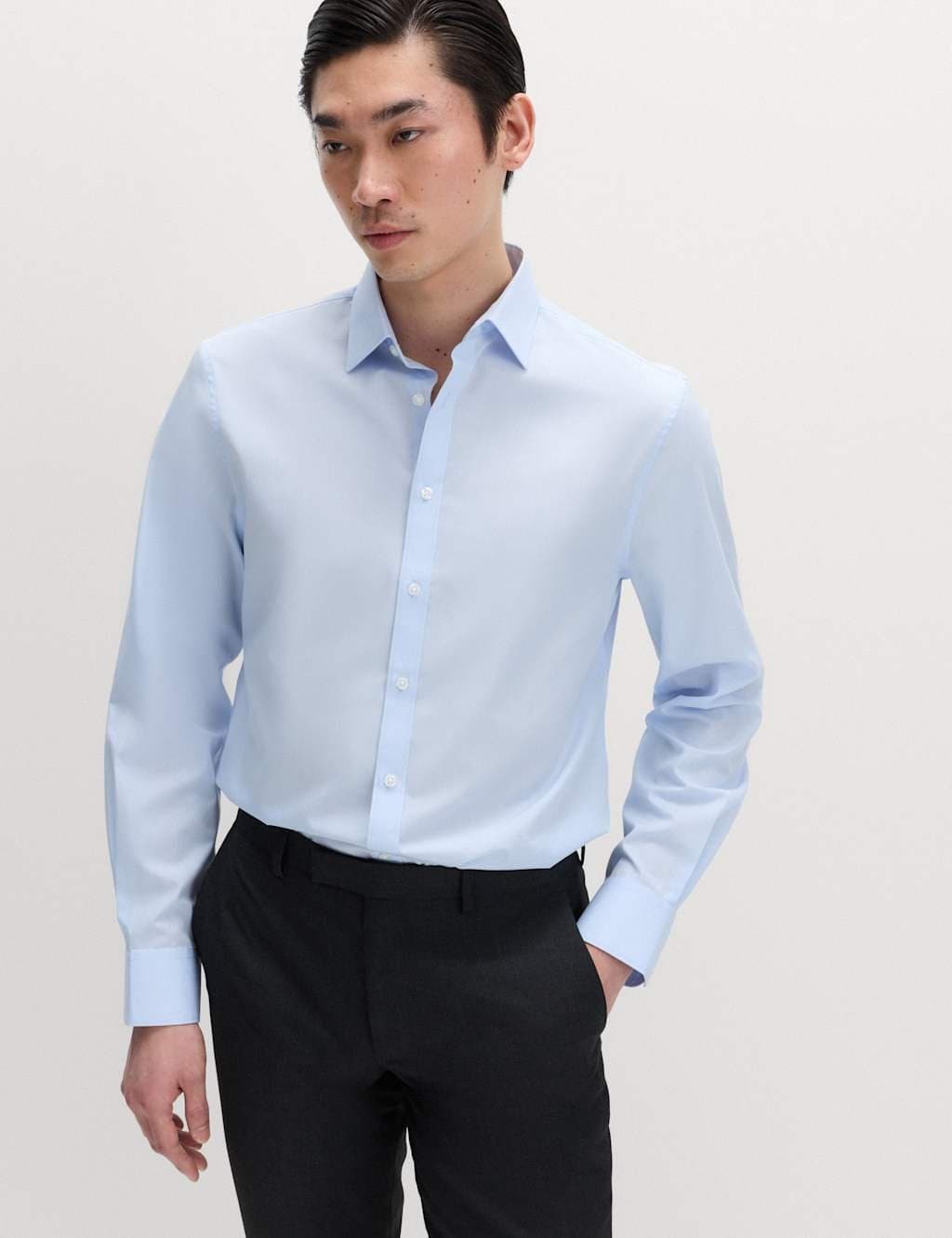 Marks & Spencer M&S Slim Fit Easy Iron Cotton Blend Shirt Light Blue