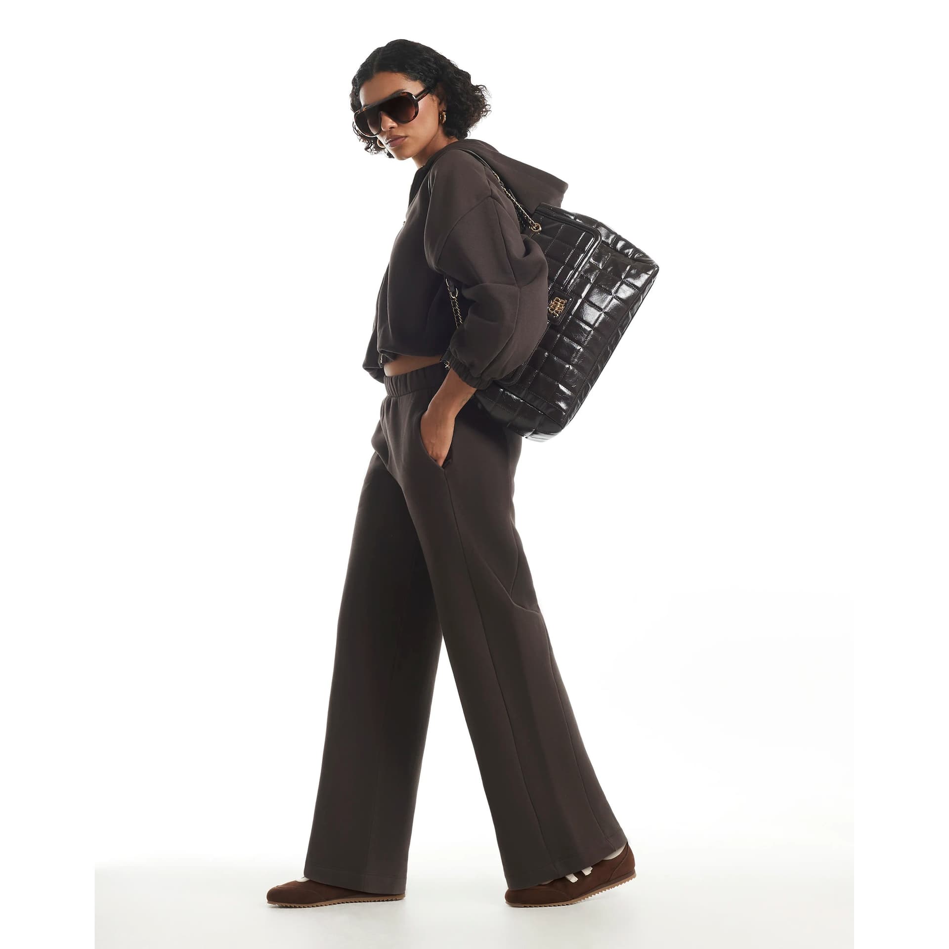 River Island River Island Womens Brown Wide Leg Seamed Joggers