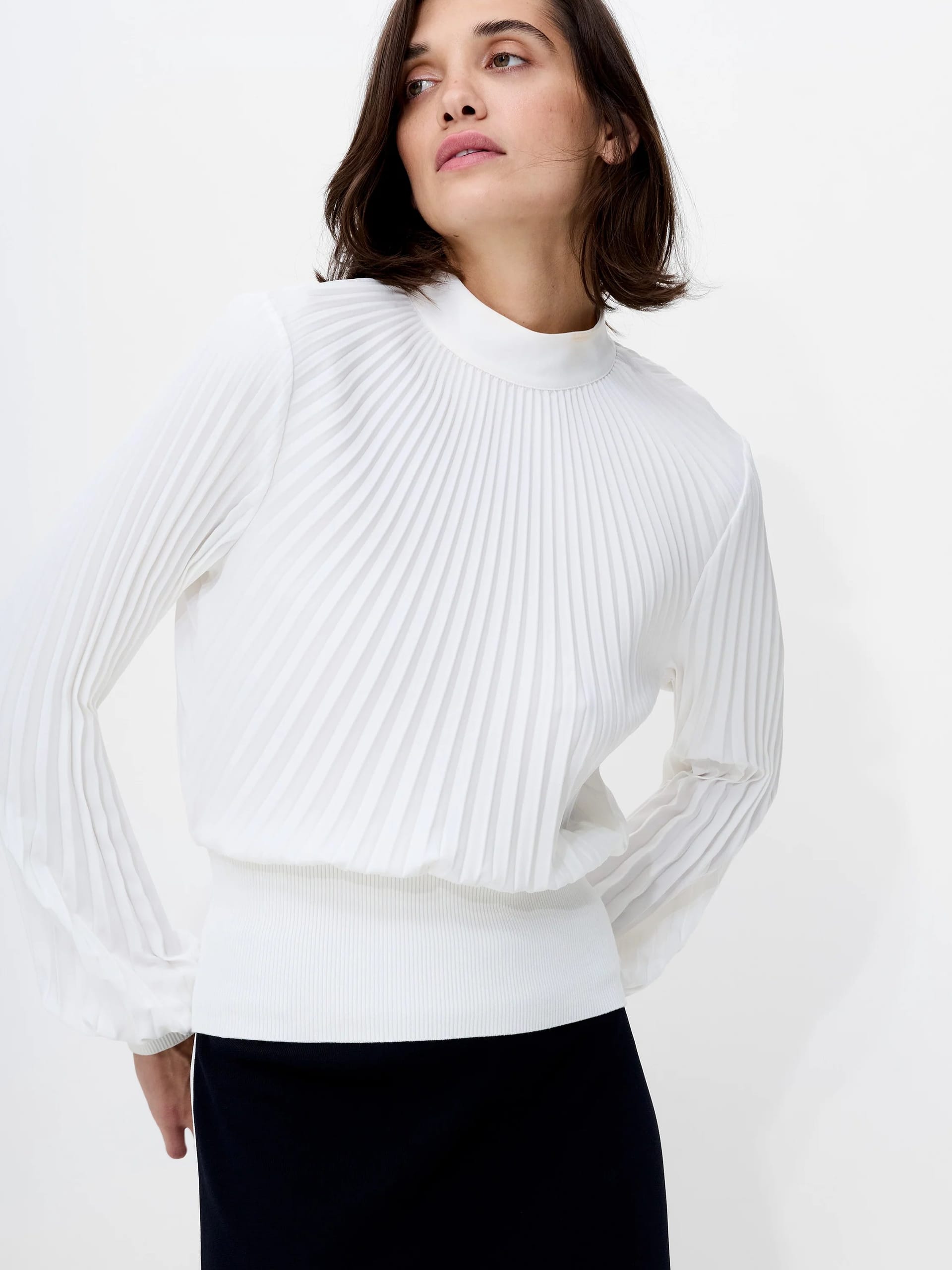 French Connection White Pleated Mock Neck Top