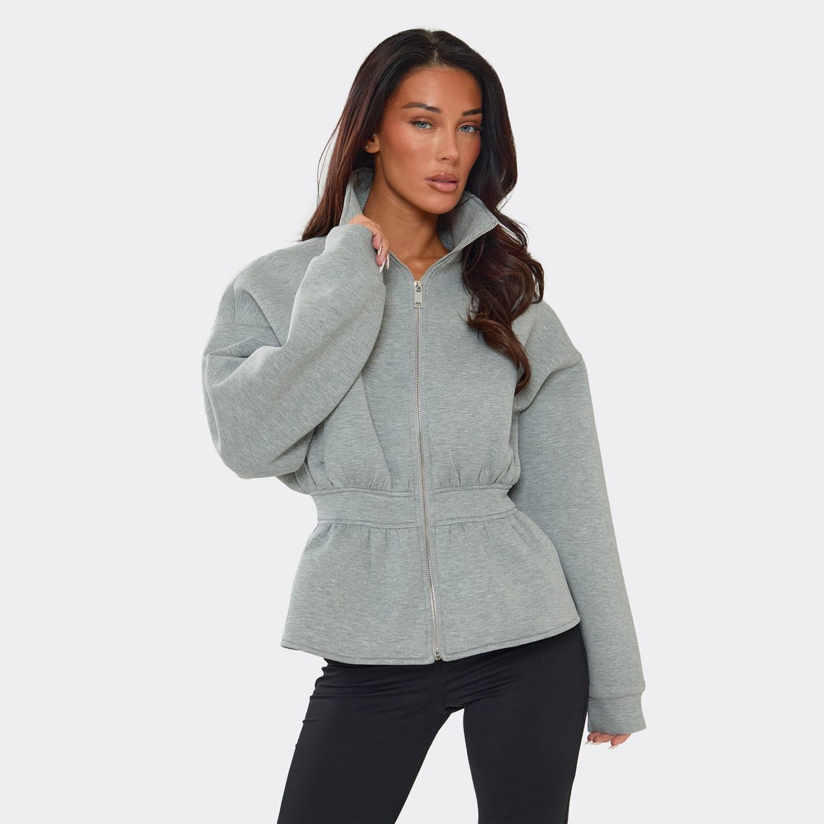 EGO High Neck Cinched Waist Jacket In Grey Scuba, Women's Size UK 6 - 1