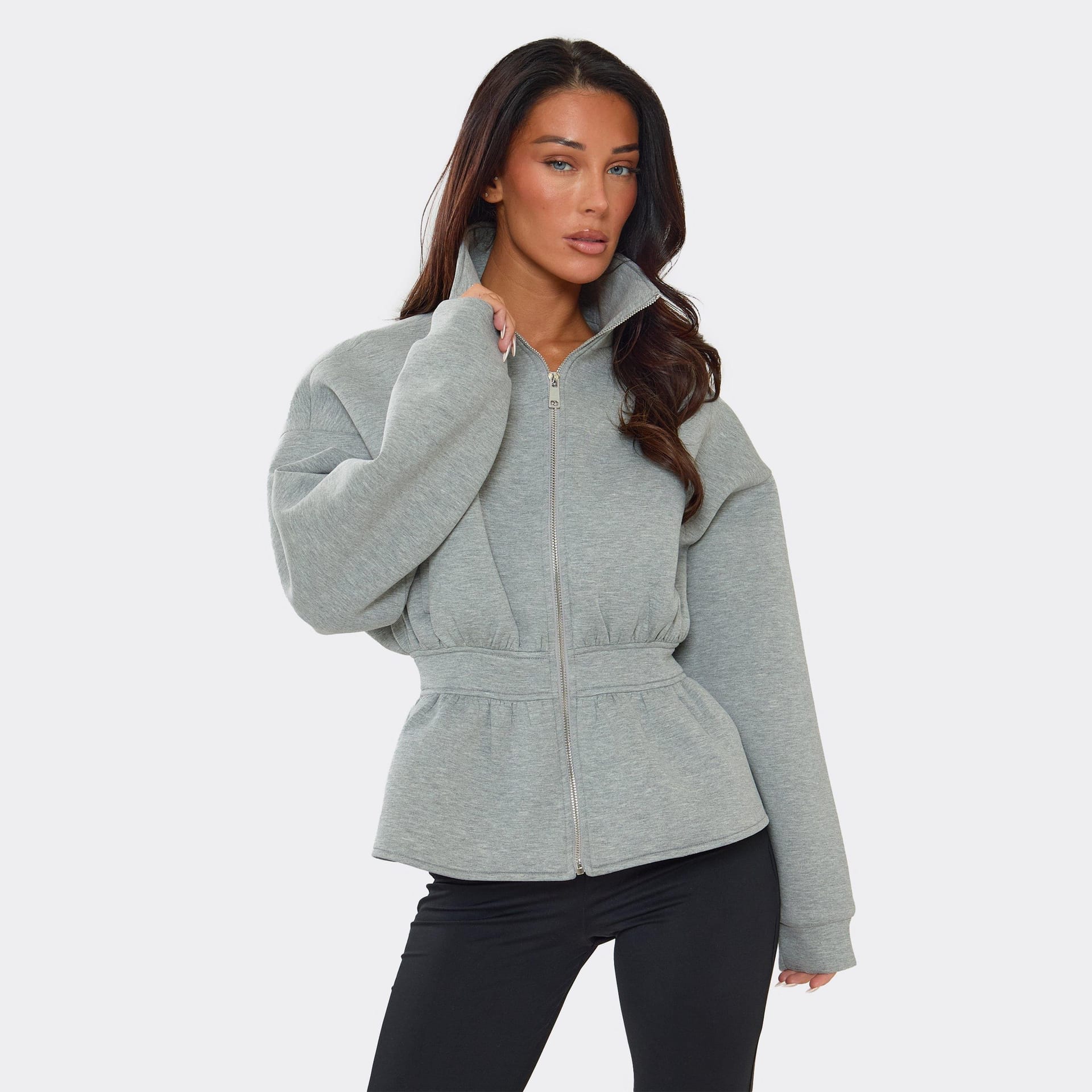 EGO Grey Scuba High Neck Cinched Waist Jacket, Women's UK 6