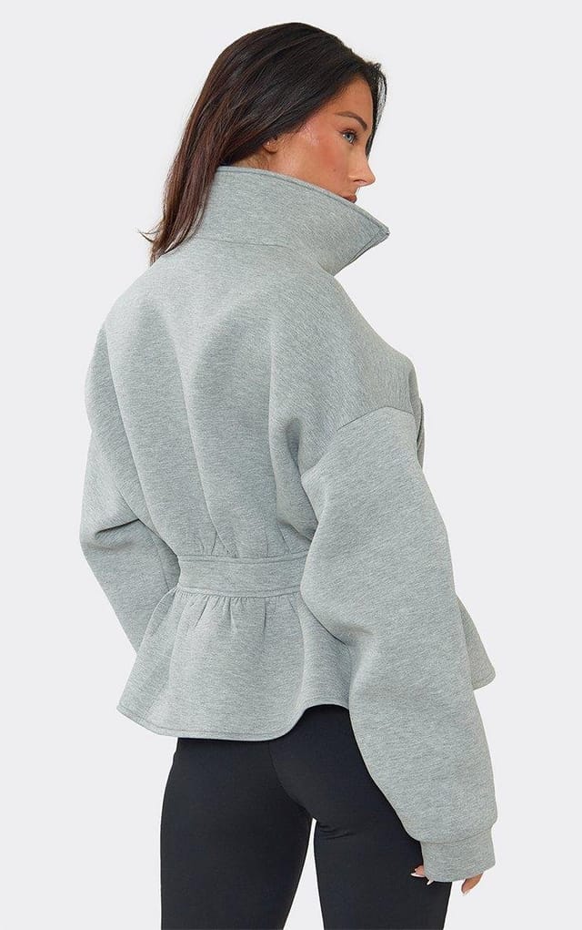 EGO High Neck Cinched Waist Jacket In Grey Scuba, Women's Size UK 6 - 2