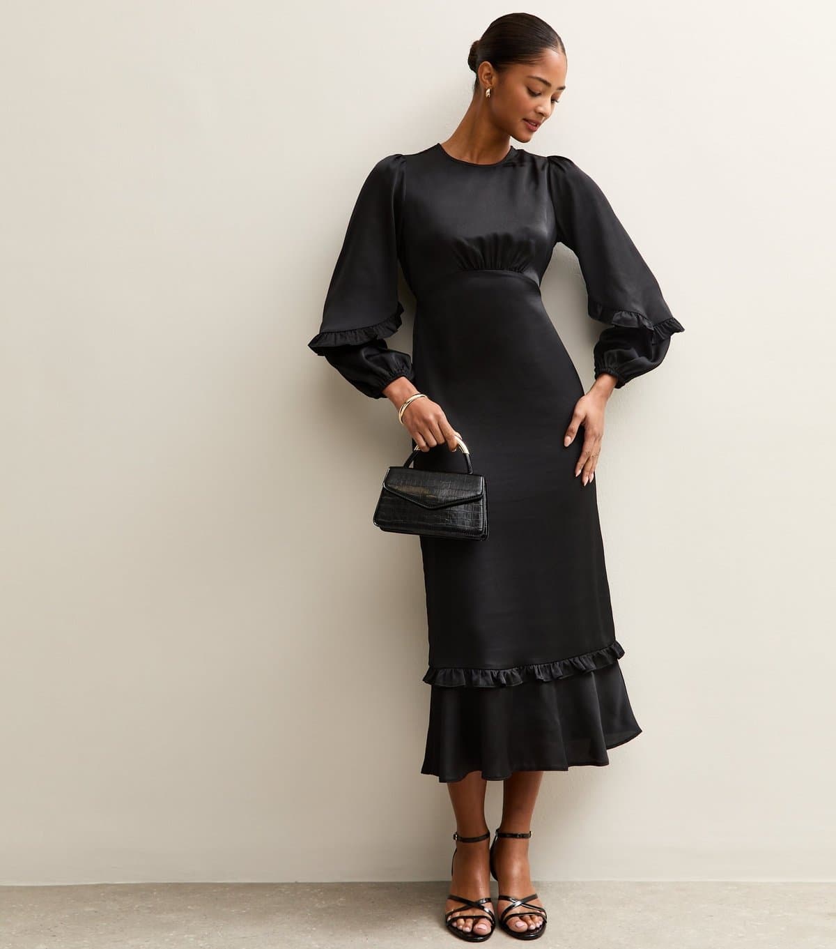 New Look Women's Black Satin Frill Trim Midi Dress New Look