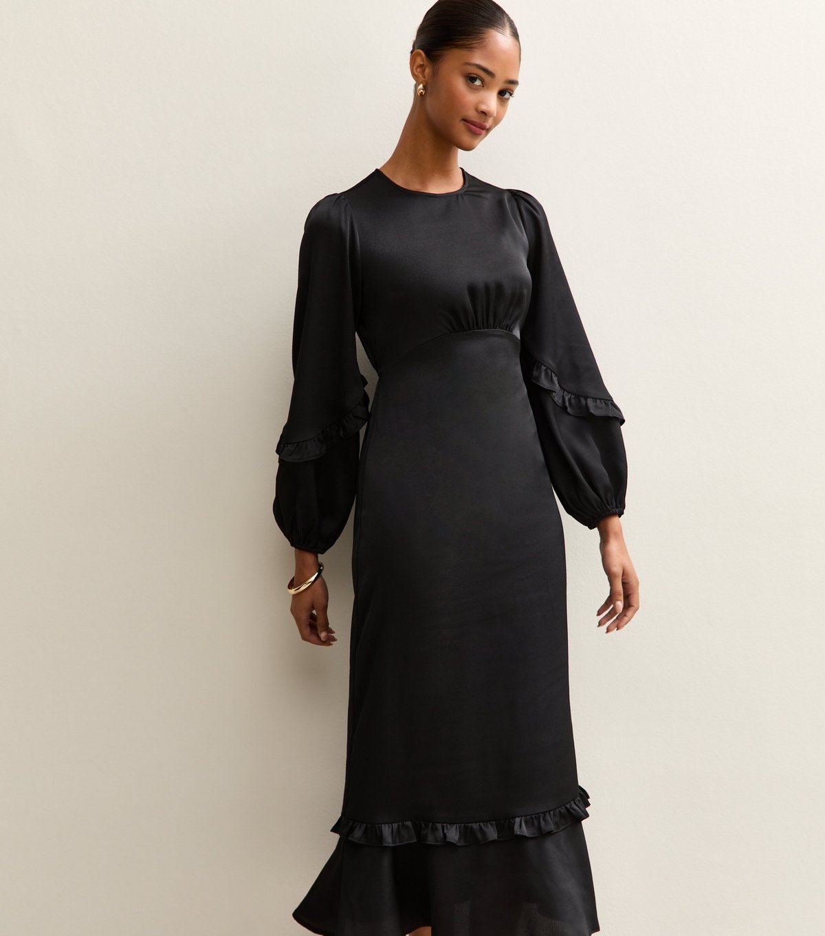 New Look Women's Black Satin Frill Trim Midi Dress New Look - 3