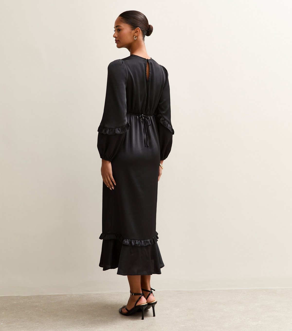 New Look Women's Black Satin Frill Trim Midi Dress New Look - 4