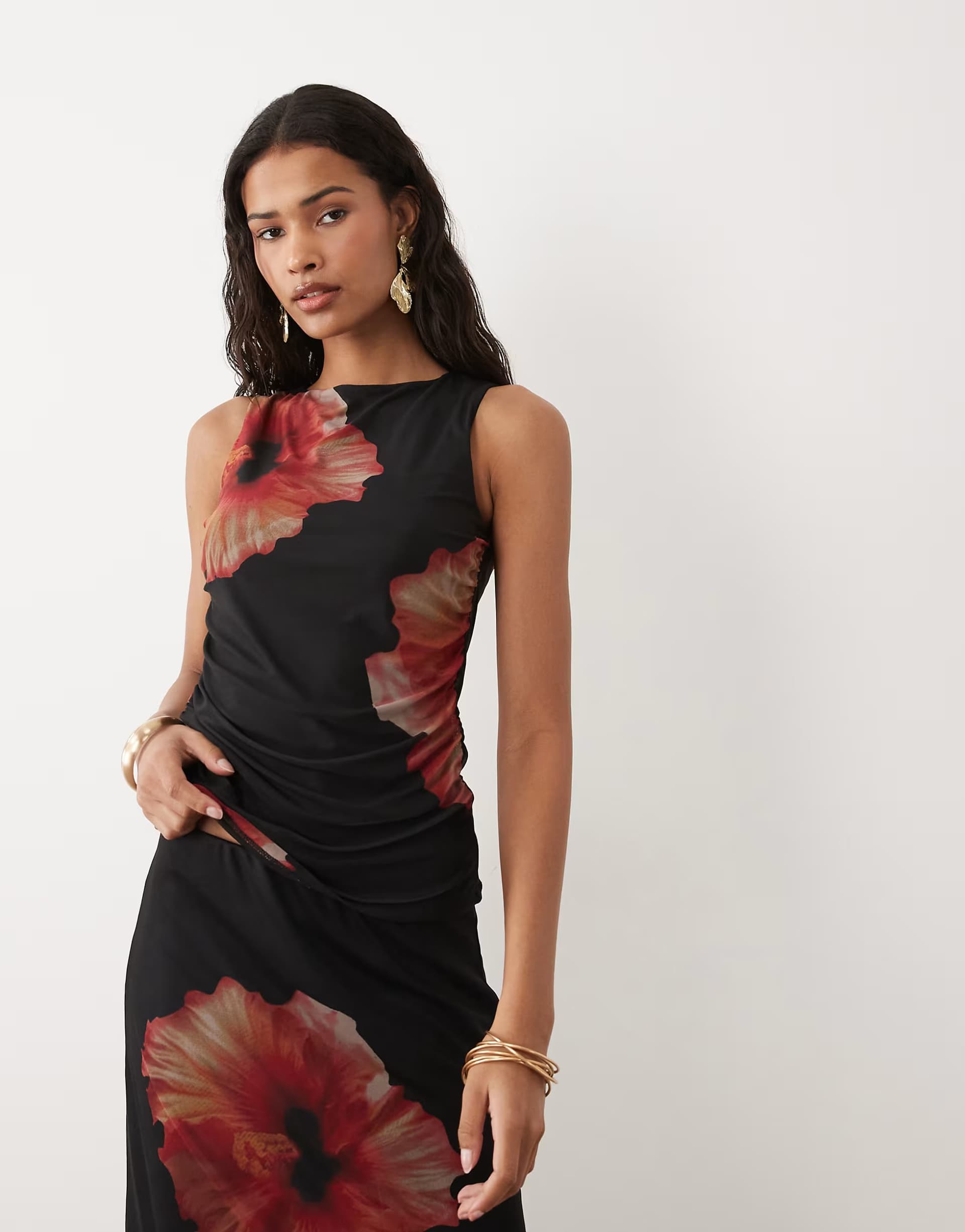 ASOS JDY sleeveless ruched mesh top with floral print in black co-ord