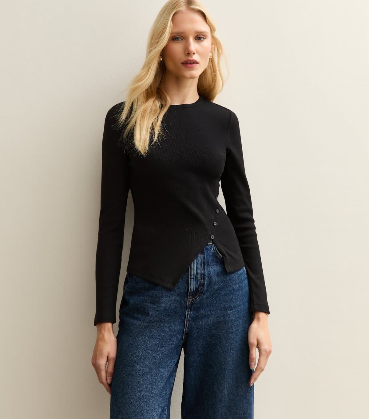 New Look Women's Black Asymmetric Button Long Sleeve Top New Look