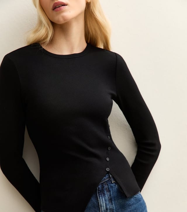 New Look Women's Black Asymmetric Button Long Sleeve Top New Look - 2