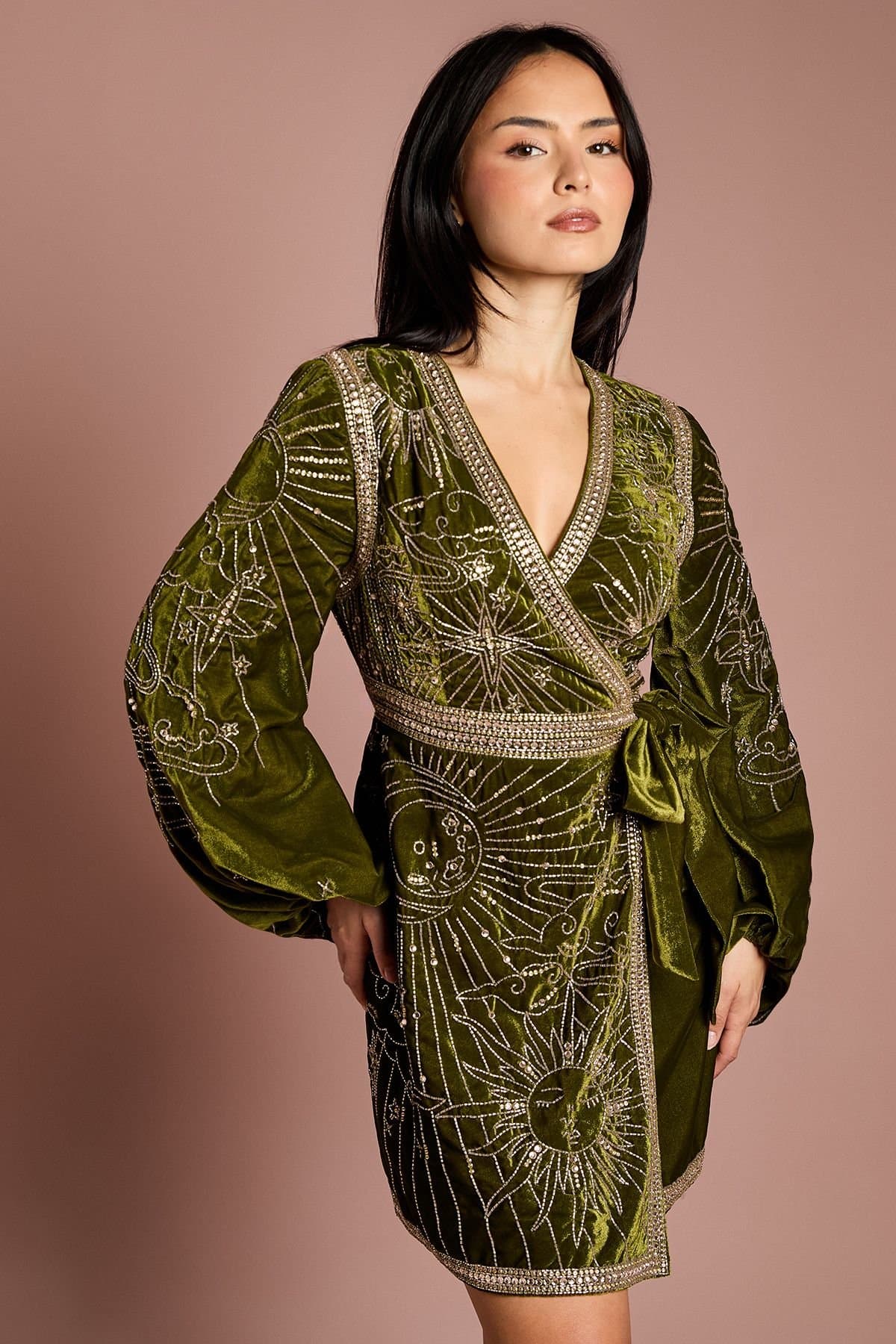 Coast Coast Women's Petite Party Sequin Velvet Wrap Mini Dress in Olive