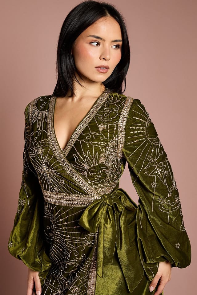 Coast Coast Women's Petite Party Sequin Velvet Wrap Mini Dress in Olive - 2