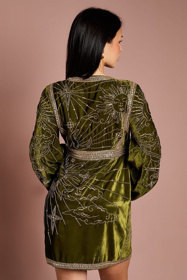 Coast Coast Women's Petite Party Sequin Velvet Wrap Mini Dress in Olive - 3