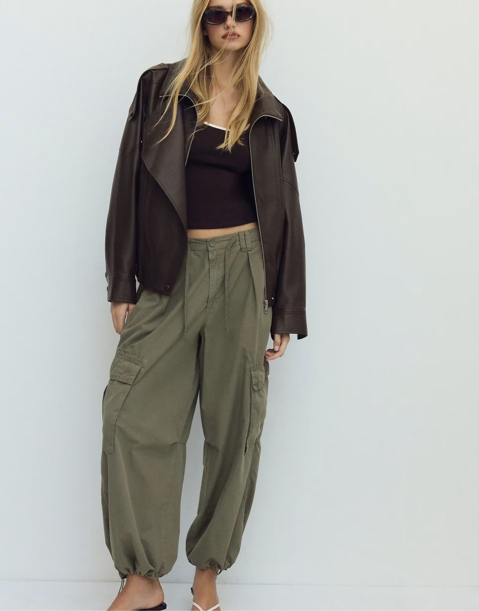ASOS Stradivarius Oversize faux leather biker jacket in brown