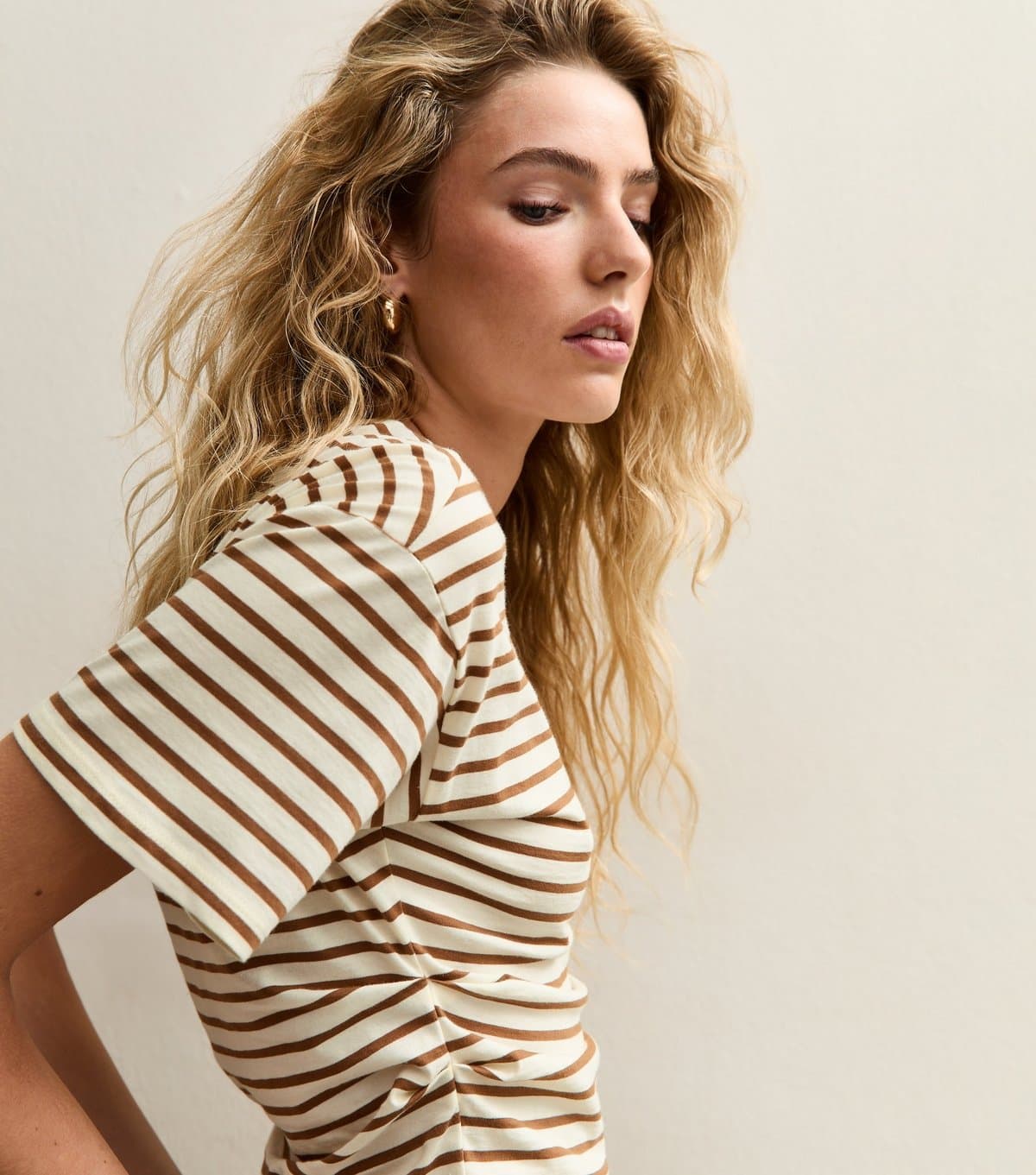 New Look Women's White and Brown Striped Corset Top New Look