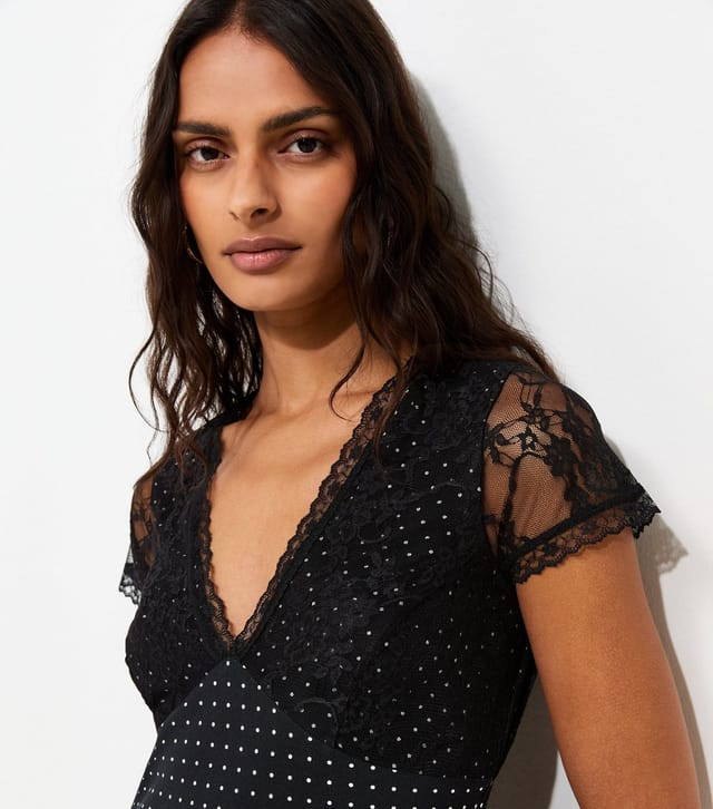 New Look Women's Black Short Sleeve Spot Print Lace Bust Midi Dress New Look - 3