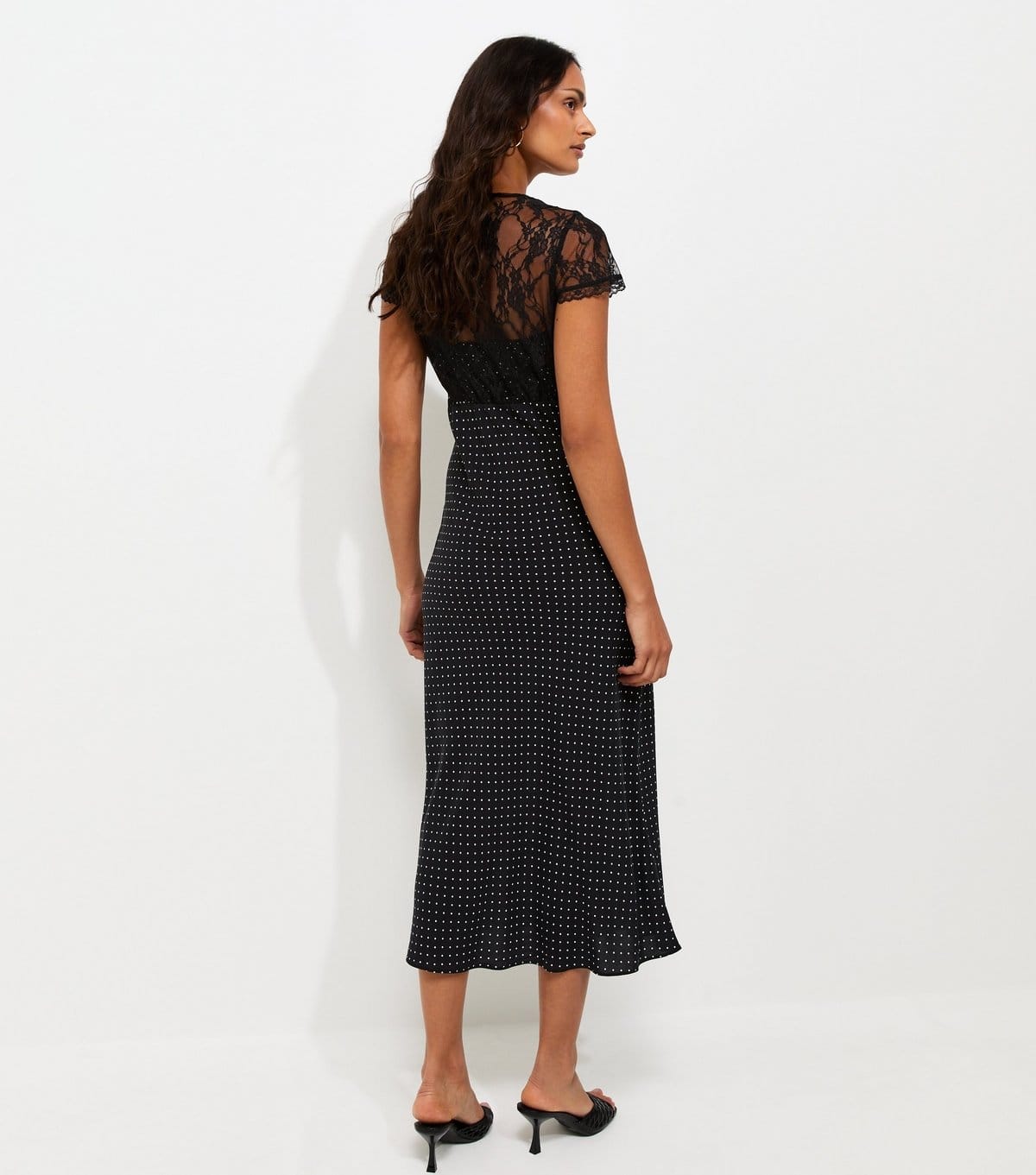 New Look Women's Black Short Sleeve Spot Print Lace Bust Midi Dress New Look - 4