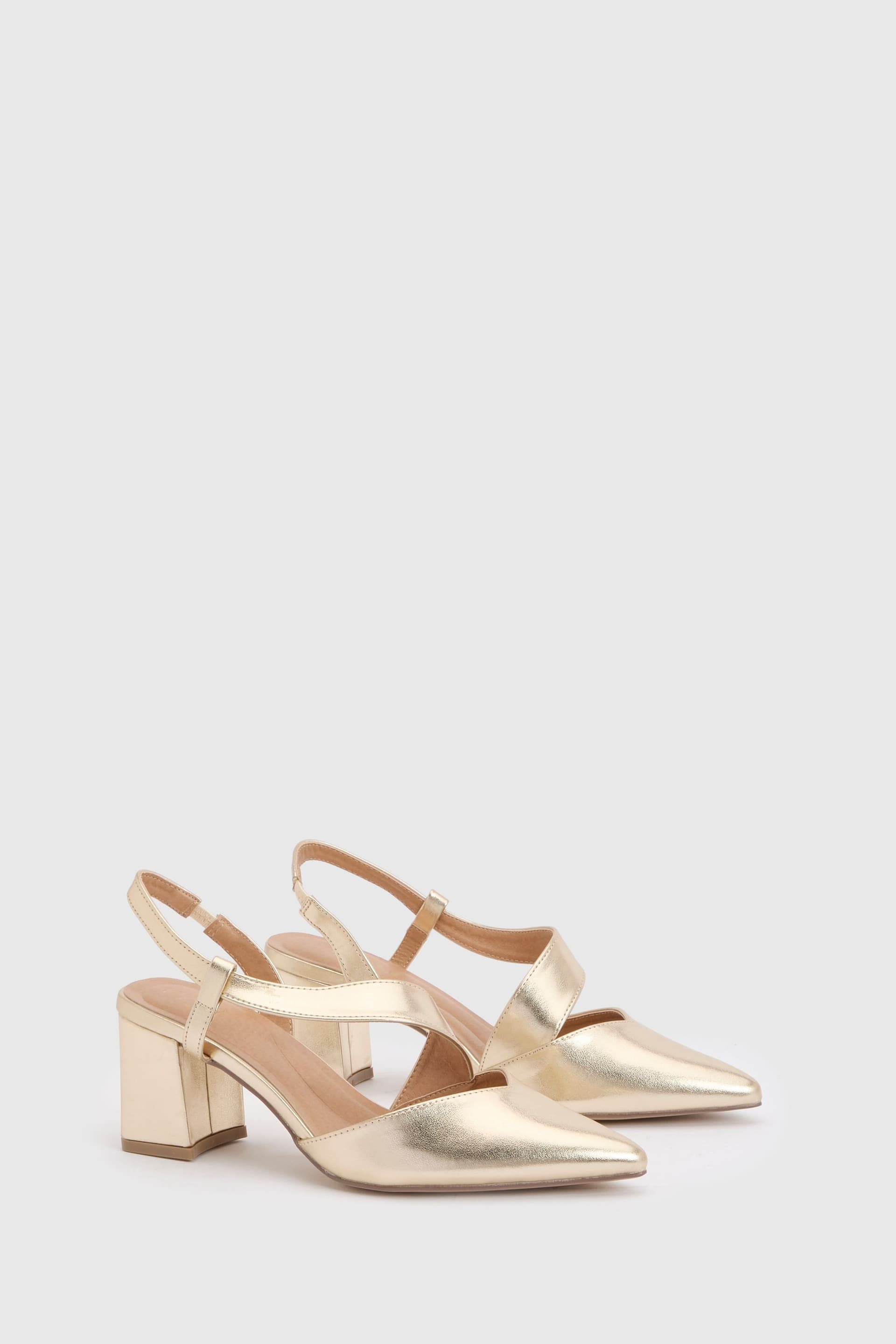 Wallis Wallis Women's Wide Fit Eve Asymmetric Strap Block Heel Pointed Comfort Sock Court Shoes in Gold