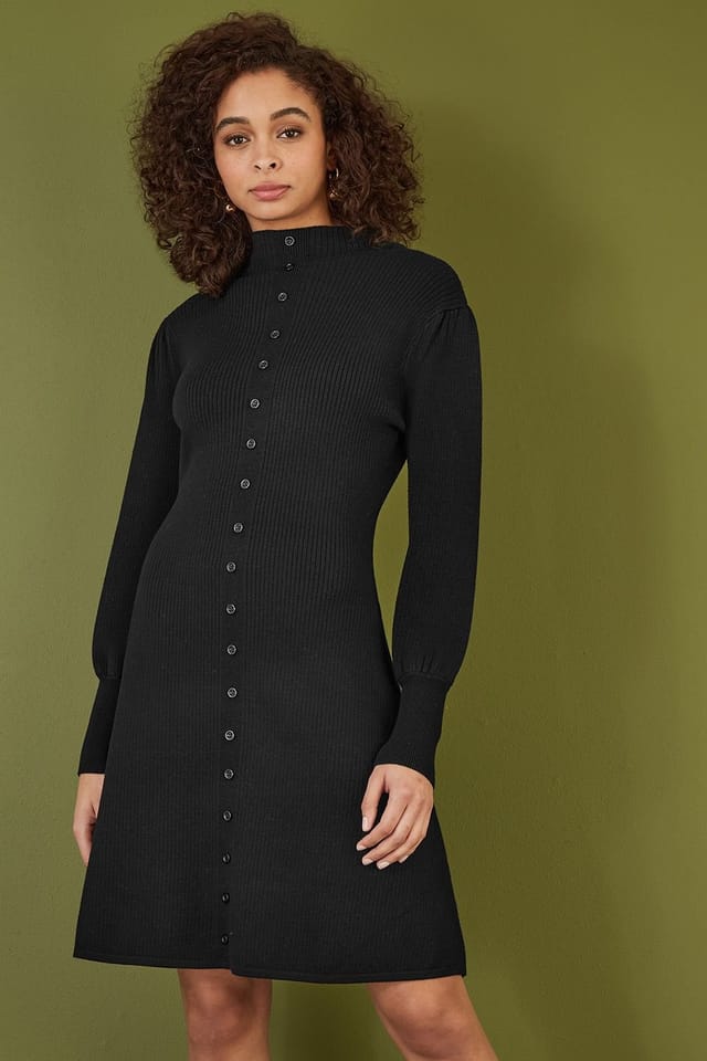 Yumi Yumi Women's Black Knitted Button Up Midi Dress With Balloon Sleeves - 2