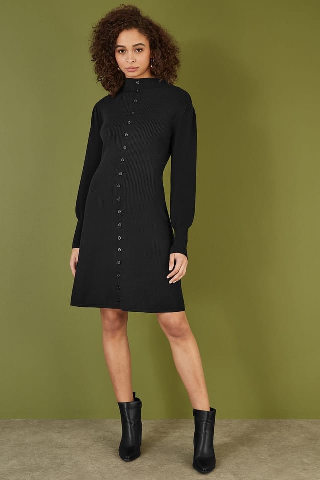 Yumi Yumi Women's Black Knitted Button Up Midi Dress With Balloon Sleeves - 3