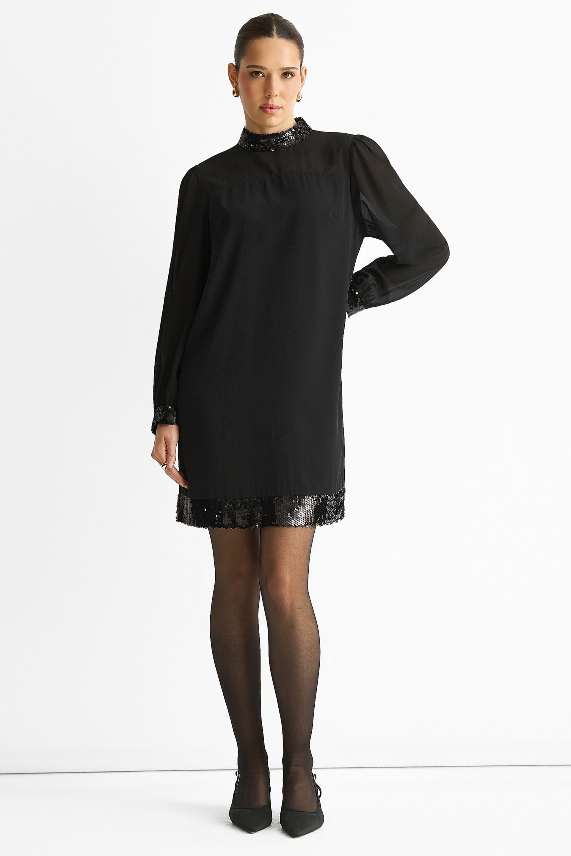 Gini London Gini London Women's Black Sequin Trim High Neck Belted Mini Dress