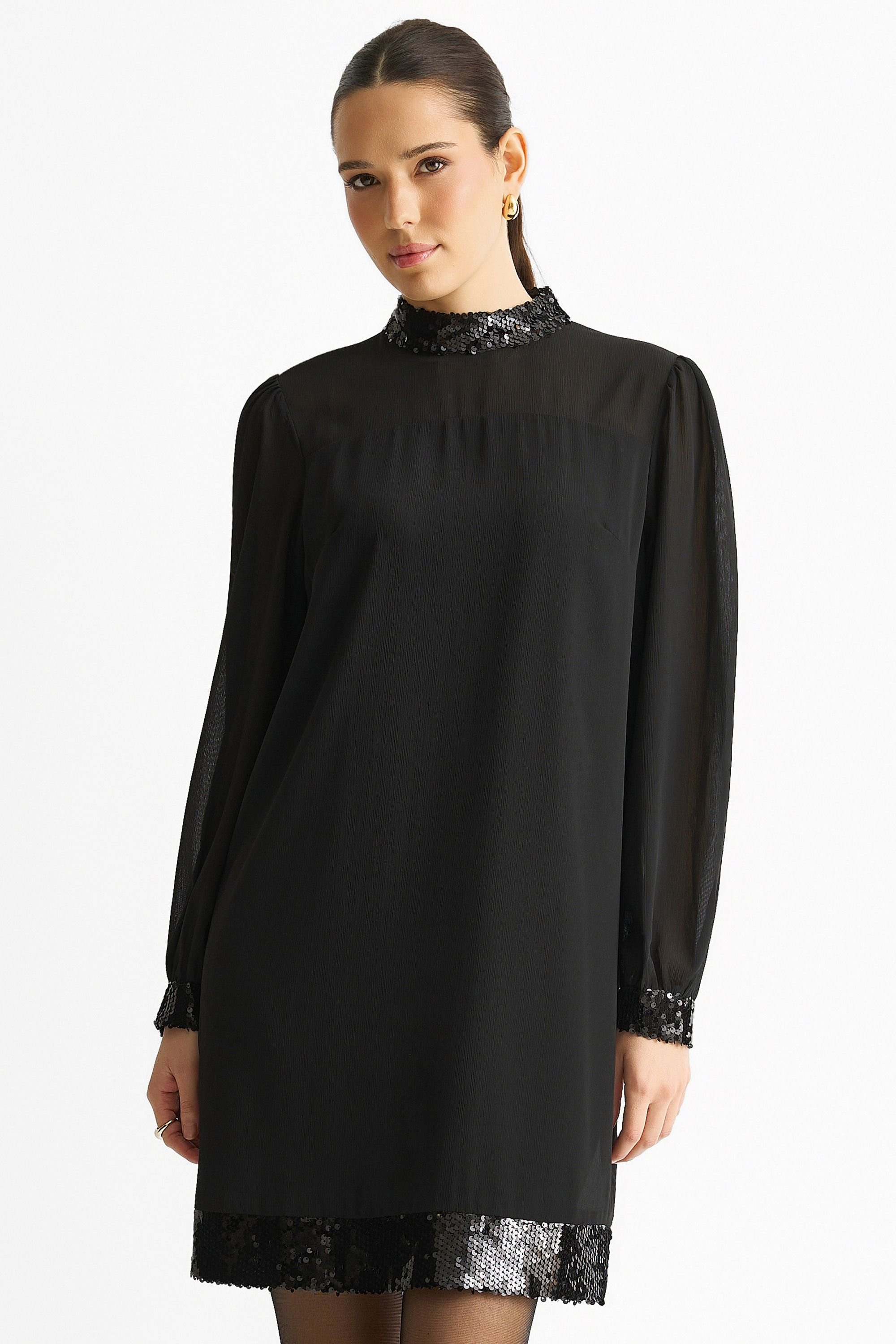 Gini London Gini London Women's Black Sequin Trim High Neck Belted Mini Dress - 2