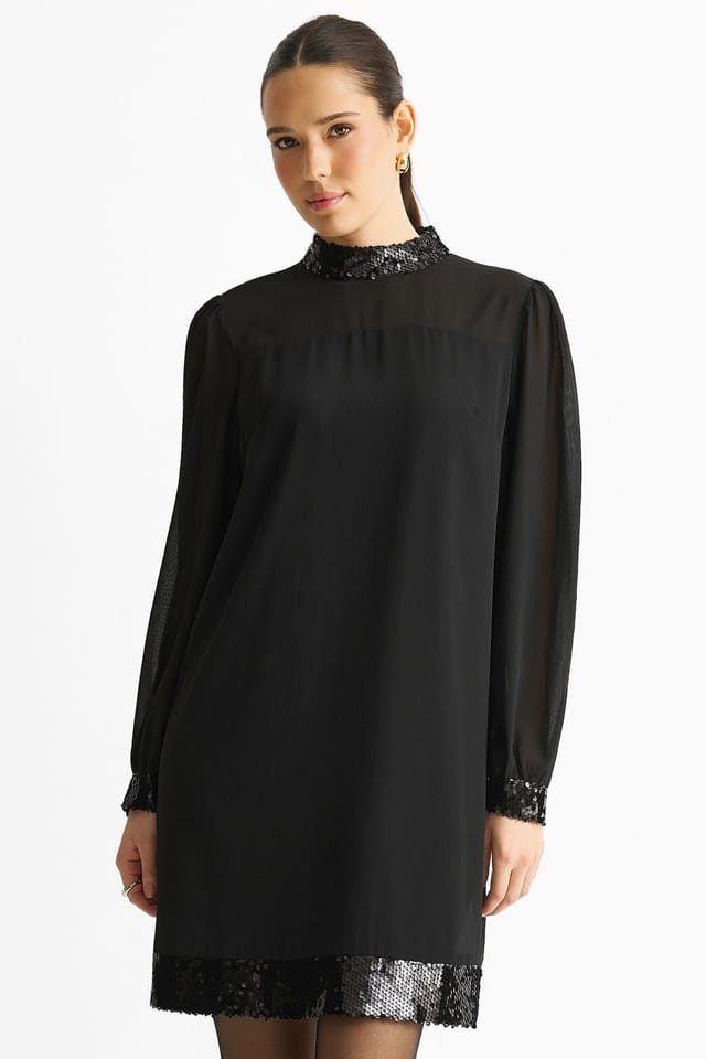 Gini London Gini London Women's Black Sequin Trim High Neck Belted Mini Dress - 2